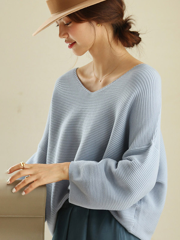 Blue Oversize V-neck Lazy Style Knit Sweaters