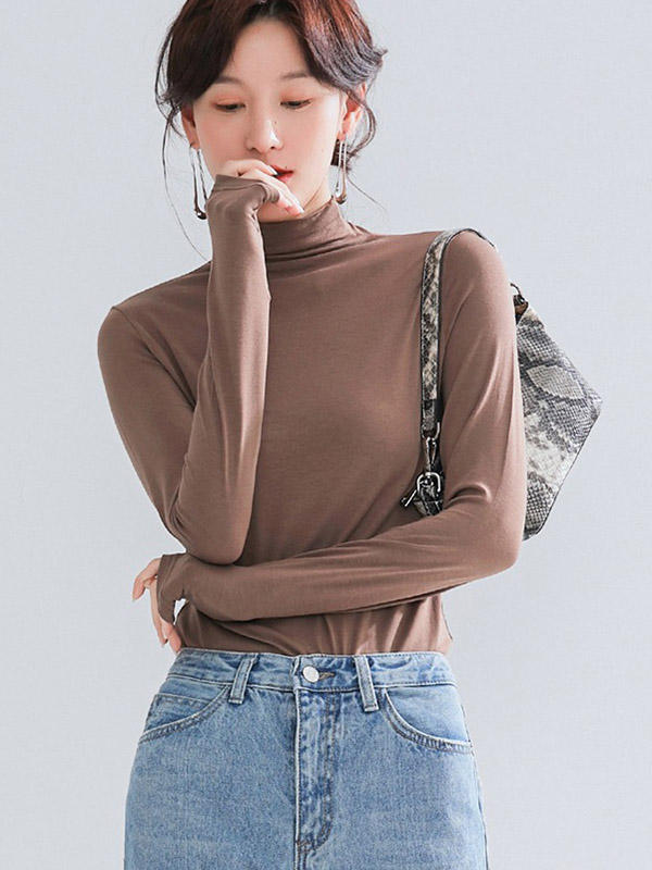 Khaki CHIC Stand Collar Long Sleeves Knit Sweaters