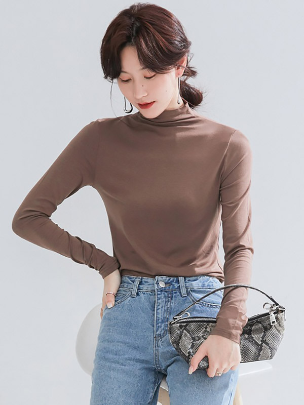 Khaki CHIC Stand Collar Long Sleeves Knit Sweaters