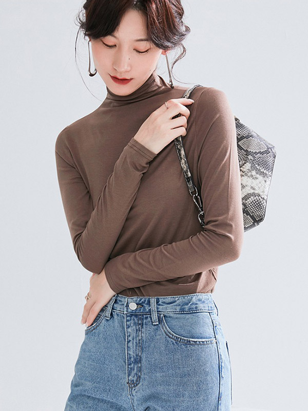 Khaki CHIC Stand Collar Long Sleeves Knit Sweaters