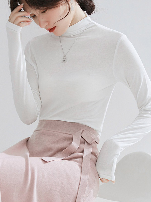 White CHIC Stand Collar Long Sleeves Knit Sweaters