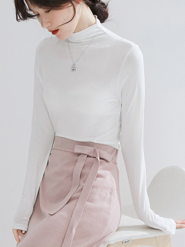 White CHIC Stand Collar Long Sleeves Knit Sweaters