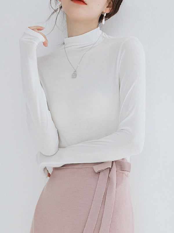 White CHIC Stand Collar Long Sleeves Knit Sweaters