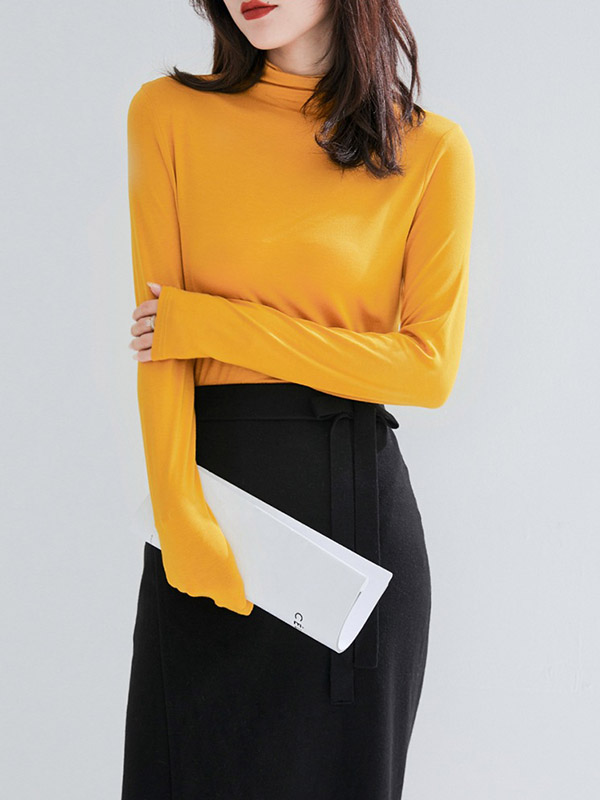 Yellow CHIC Stand Collar Long Sleeves Knit Sweaters