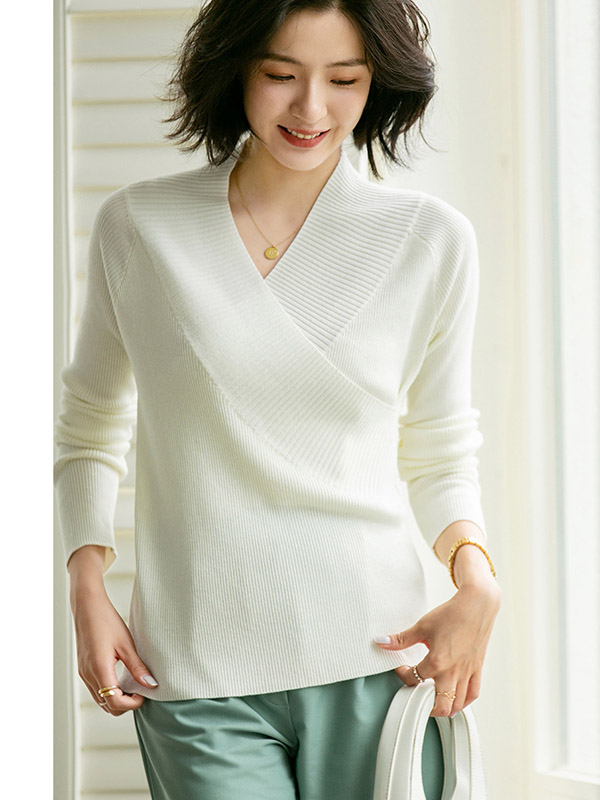 White French Elegant V-neck Wrap Style Knit Sweaters