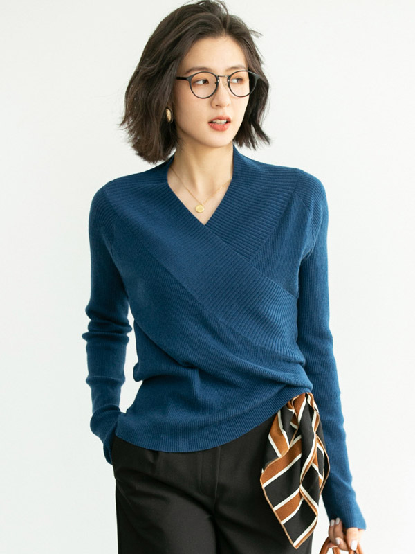 Blue French Elegant V-neck Wrap Style Knit Sweaters