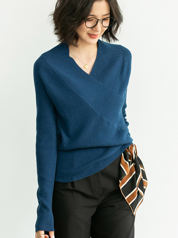 Blue French Elegant V-neck Wrap Style Knit Sweaters