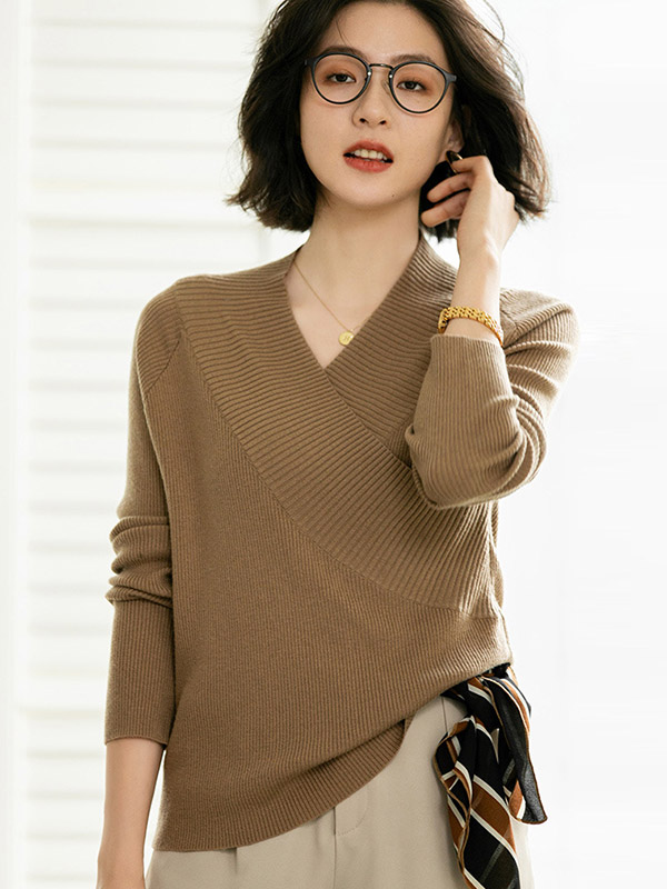 Camel French Elegant V-neck Wrap Style Knit Sweaters