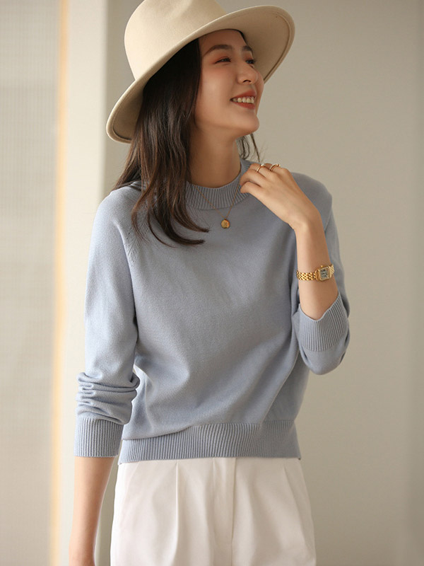 Blue Korean Style Round Neck Knit Sweaters