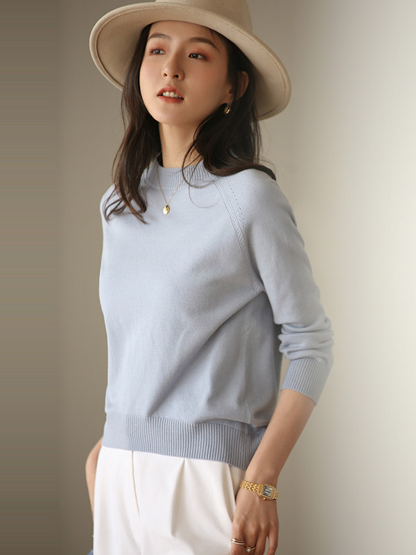 Blue Korean Style Round Neck Knit Sweaters