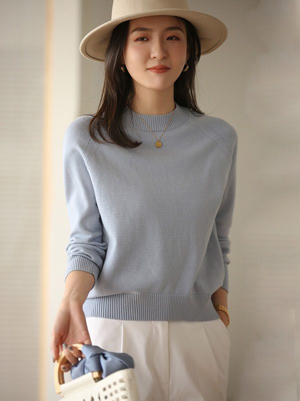 Blue Korean Style Round Neck Knit Sweaters