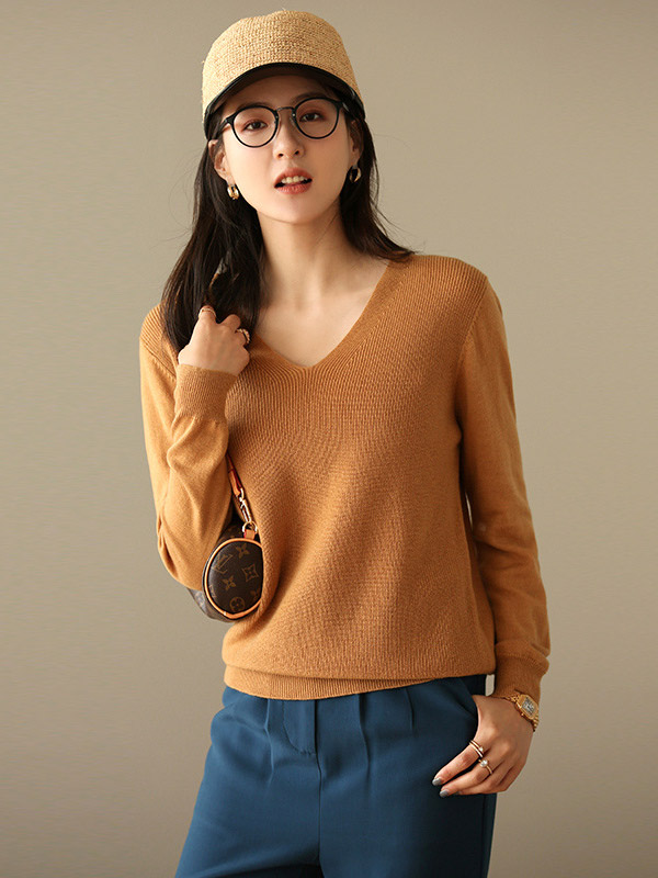 Camel Blended Loose V-neck Knit Sweaters