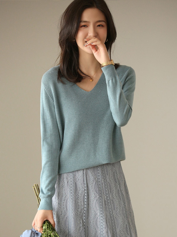 Blue Blended Loose V-neck Knit Sweaters