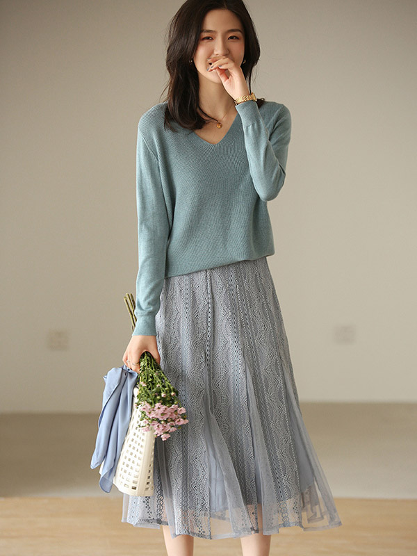 Blue Blended Loose V-neck Knit Sweaters