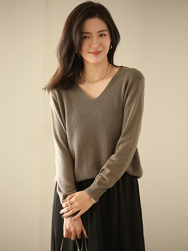 Grey Blended Loose V-neck Knit Sweaters