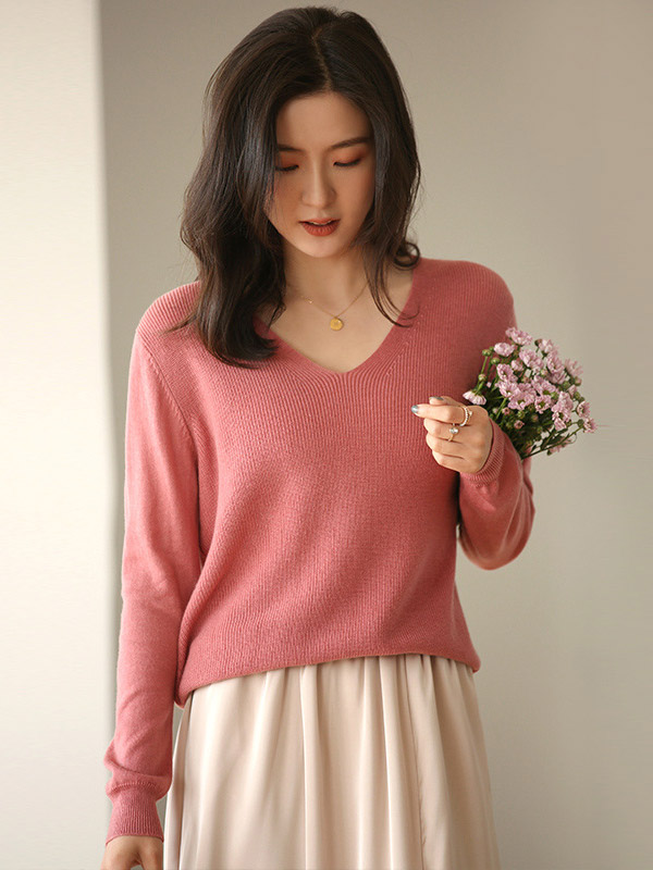 Pink Blended Loose V-neck Knit Sweaters