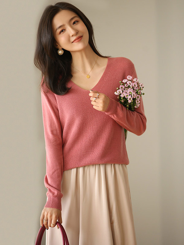 Pink Blended Loose V-neck Knit Sweaters