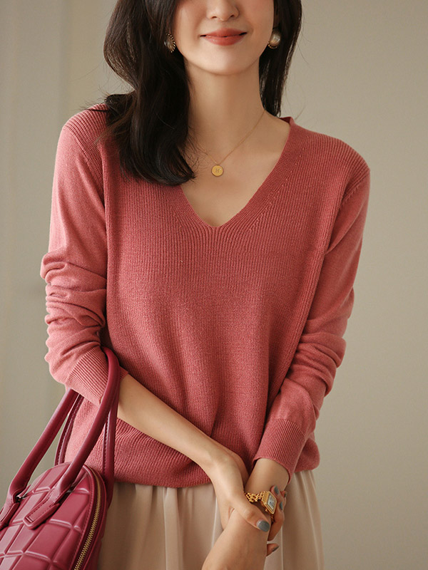 Pink Blended Loose V-neck Knit Sweaters