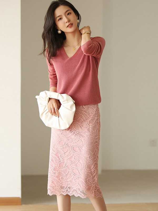 Pink Blended Loose V-neck Knit Sweaters