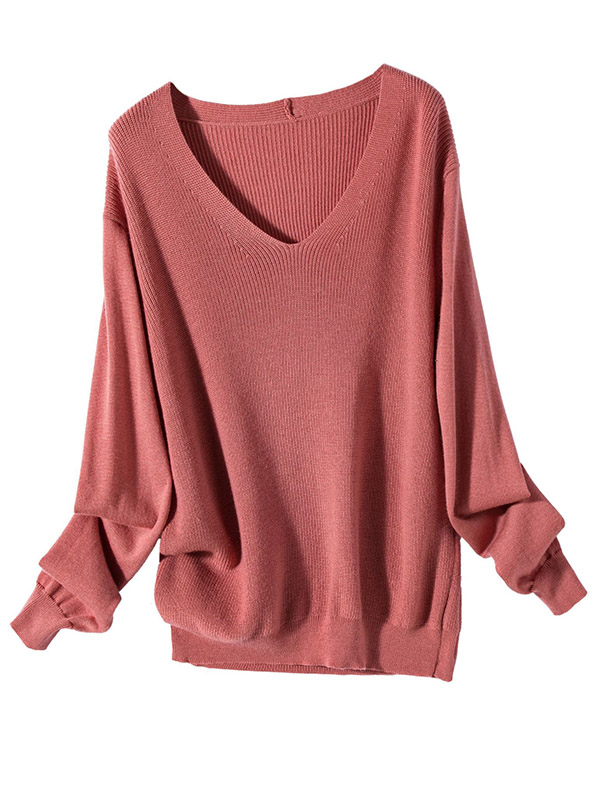 Pink Blended Loose V-neck Knit Sweaters