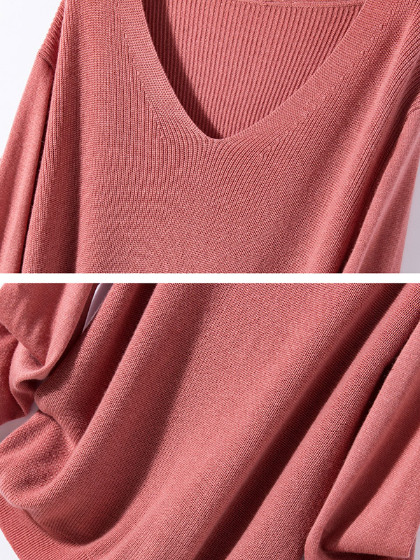 Pink Blended Loose V-neck Knit Sweaters