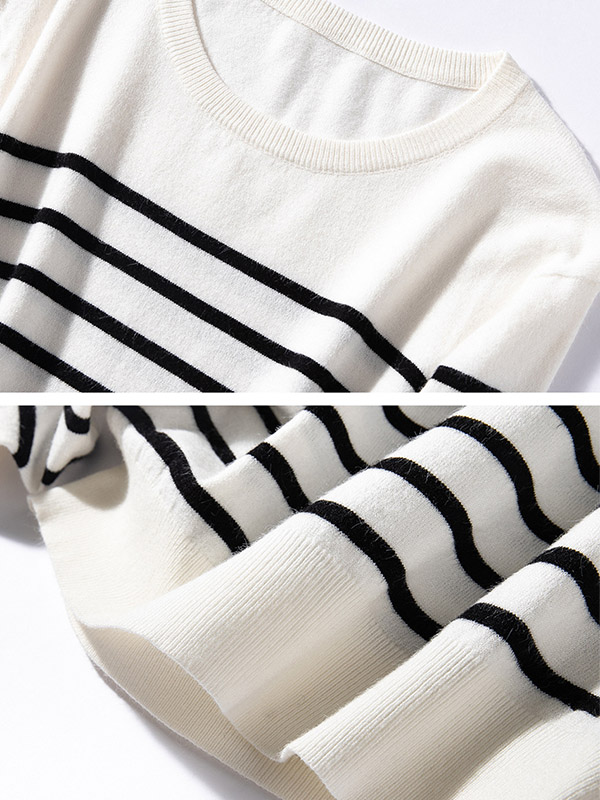 White Casual Striped Round Neck Knit Sweaters