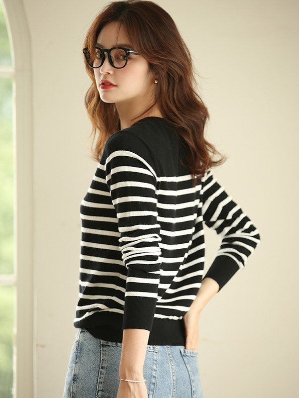 Black Casual Striped Round Neck Knit Sweaters