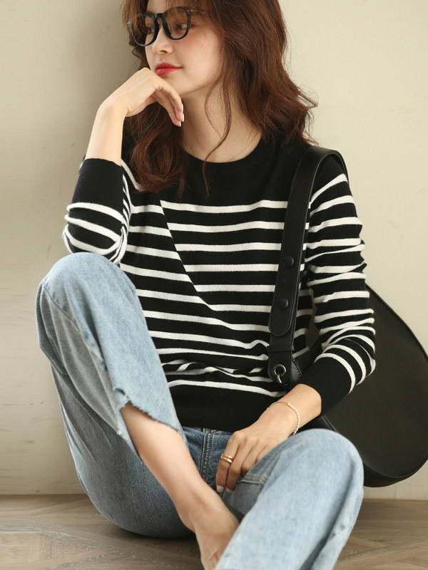 Black Casual Striped Round Neck Knit Sweaters