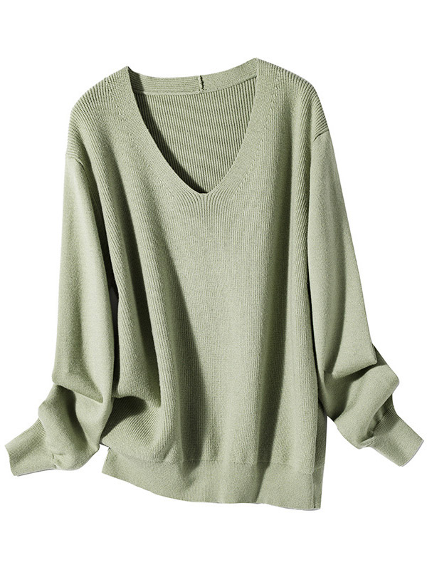 Green Temperament V-neck Bottoming Knitted Sweaters