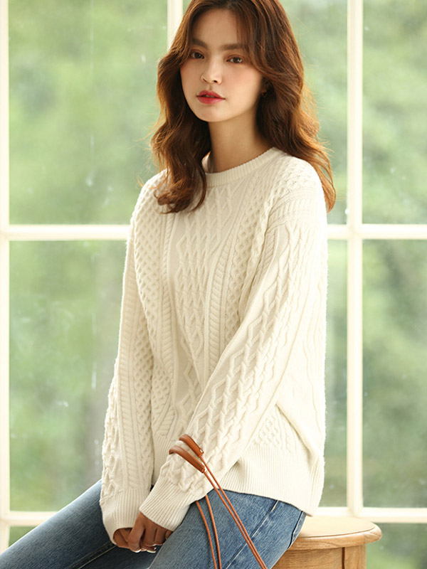 White Loose Diamond Twist Knit Sweaters