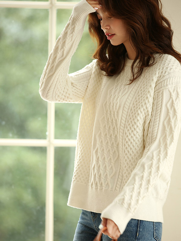 White Loose Diamond Twist Knit Sweaters