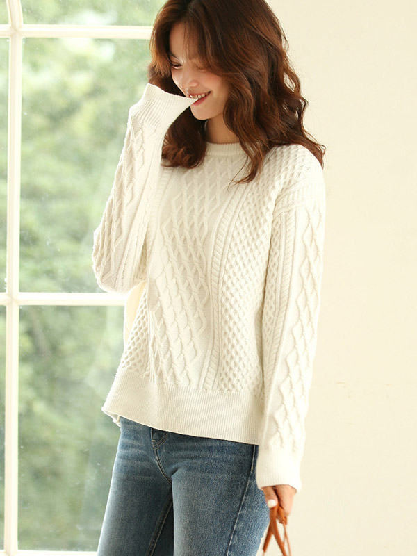 White Loose Diamond Twist Knit Sweaters