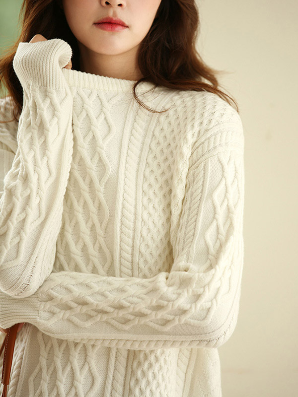 White Loose Diamond Twist Knit Sweaters