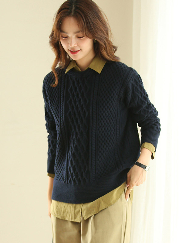 Navy Blue Loose Diamond Twist Knit Sweaters