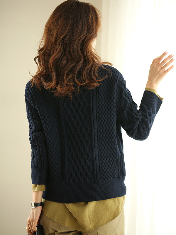 Navy Blue Loose Diamond Twist Knit Sweaters