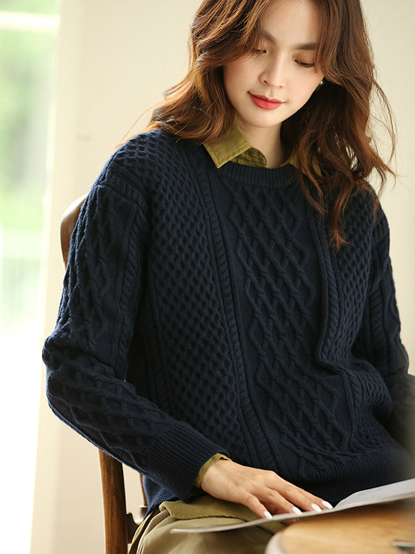 Navy Blue Loose Diamond Twist Knit Sweaters