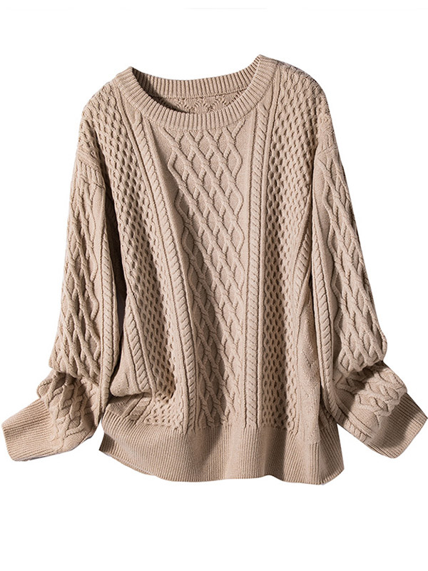 Apricot Loose Diamond Twist Knit Sweaters