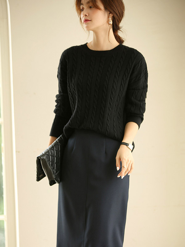 Black Pullover Round Neck Twist Knit Sweaters