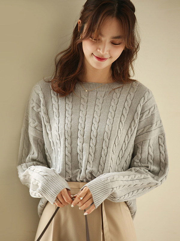 Grey Pullover Round Neck Twist Knit Sweaters