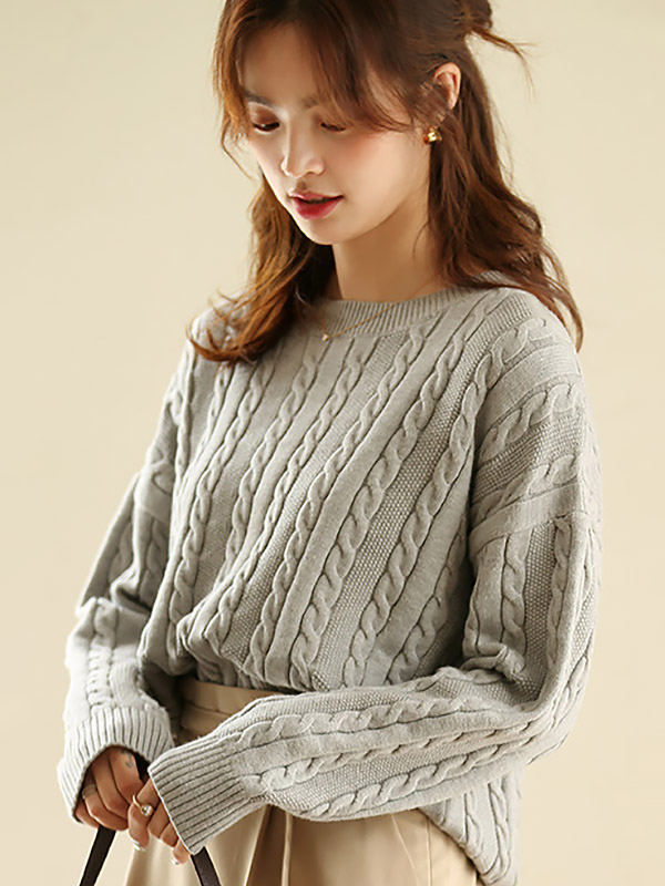 Grey Pullover Round Neck Twist Knit Sweaters