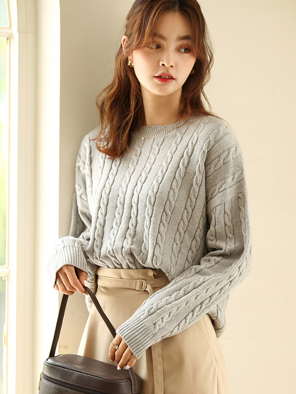 Grey Pullover Round Neck Twist Knit Sweaters