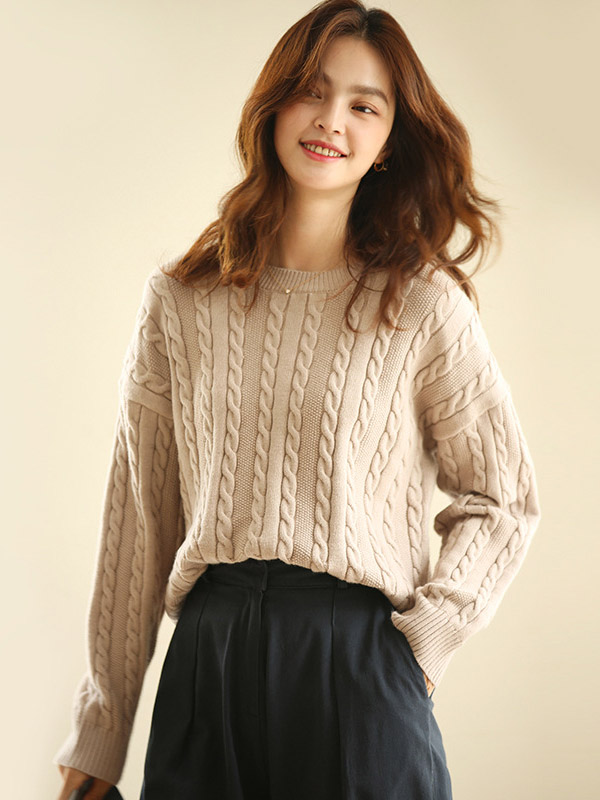 Camel Pullover Round Neck Twist Knit Sweaters