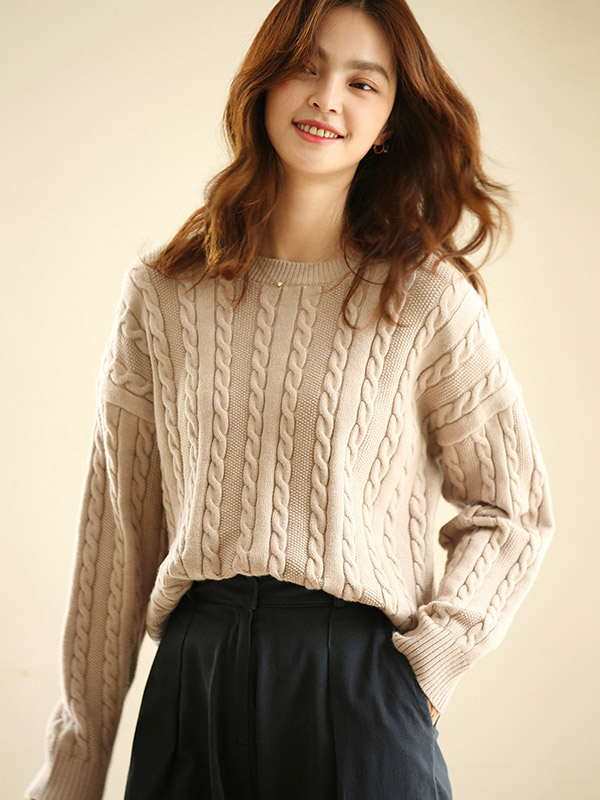 Camel Pullover Round Neck Twist Knit Sweaters