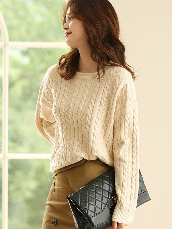 Apricot Pullover Round Neck Twist Knit Sweaters