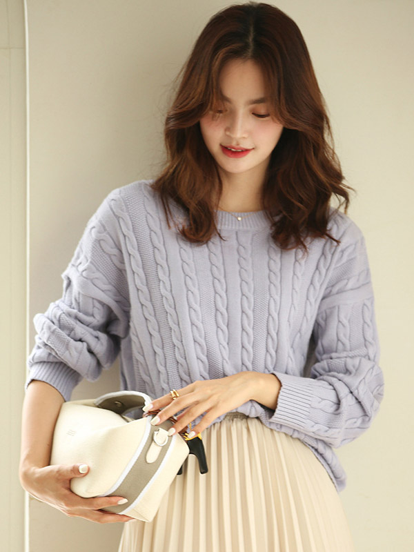 Blue Pullover Round Neck Twist Knit Sweaters