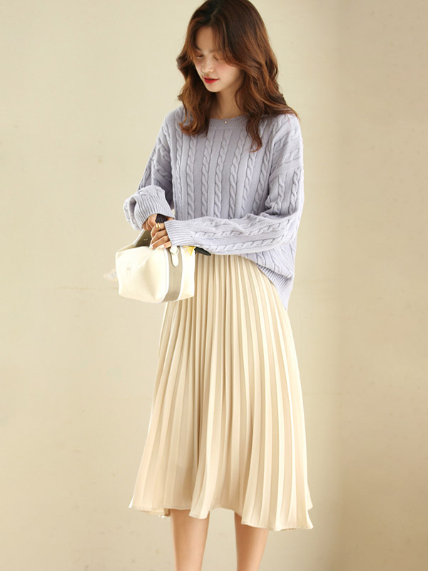 Blue Pullover Round Neck Twist Knit Sweaters