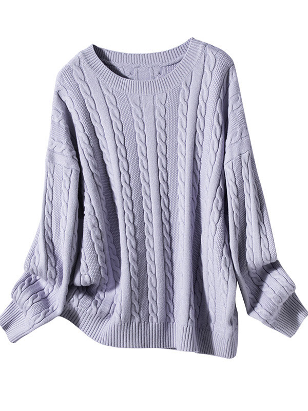 Blue Pullover Round Neck Twist Knit Sweaters