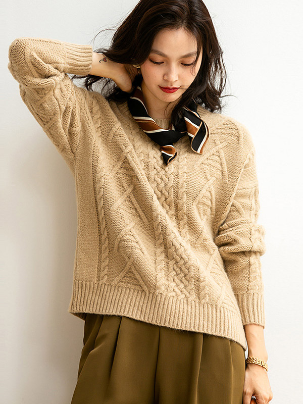 Khaki Retro Twist Crew Neck Knit Sweaters