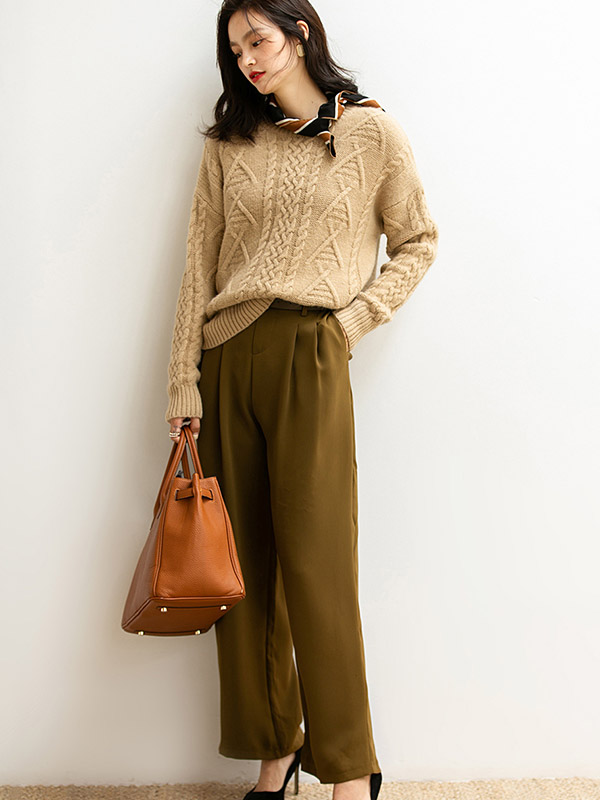 Khaki Retro Twist Crew Neck Knit Sweaters