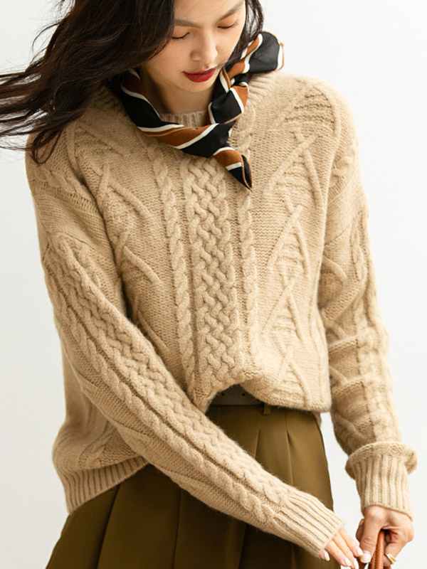 Khaki Retro Twist Crew Neck Knit Sweaters